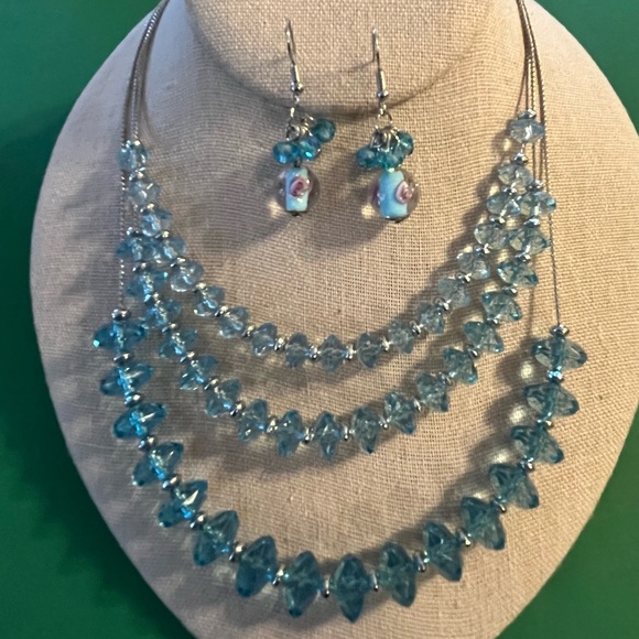 Aqua Color Crystal Beaded Triple Strand Necklace with Glass Bead Earrings - Picture 2 of 7